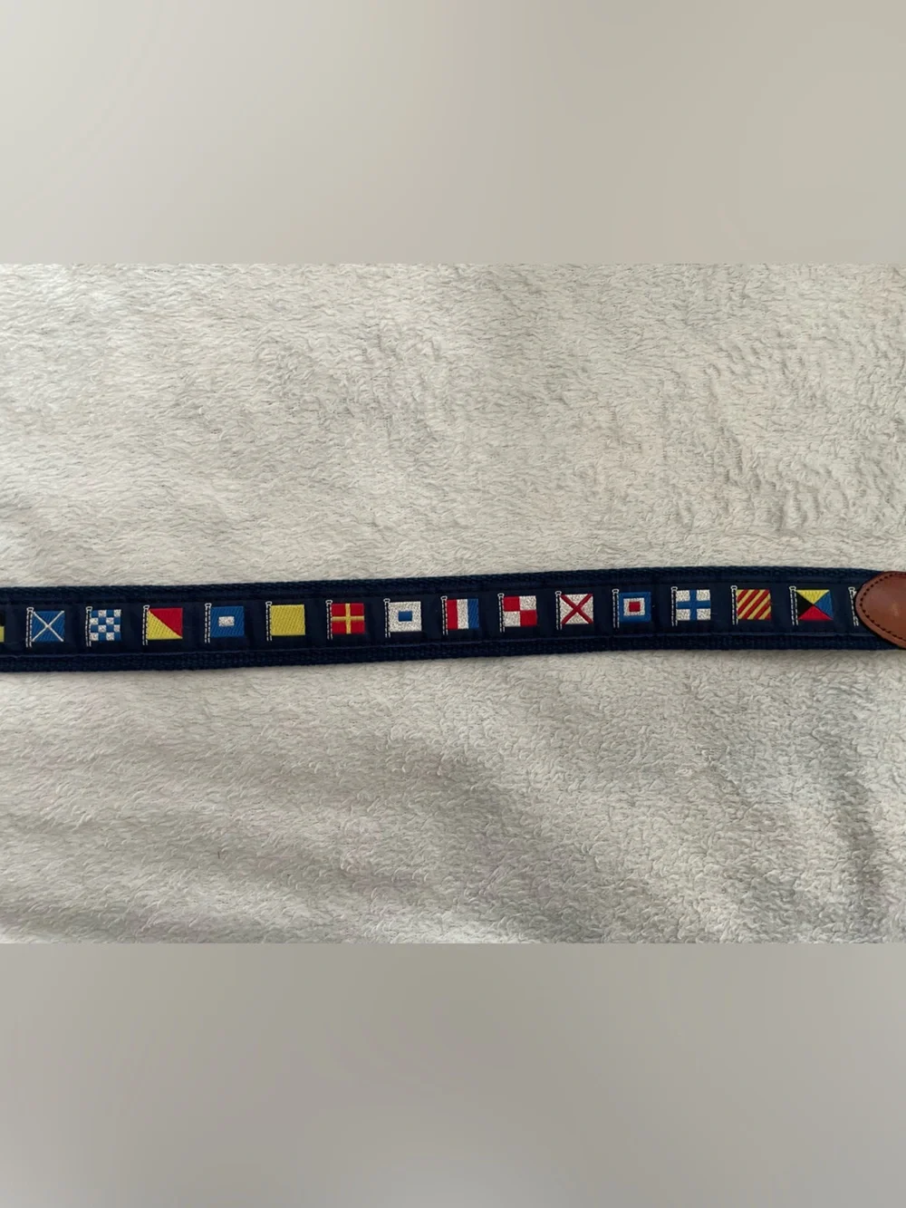 Leather Man Ltd size 36 Navy Flag Embroidered Belt with Brown Top Grain Leather